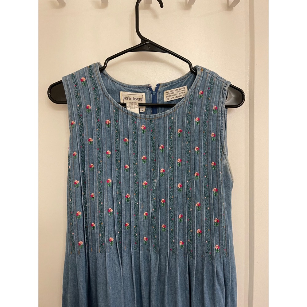 Vintage Cotagecore Denim 90s Embroidered Rose Field Mouse Dress